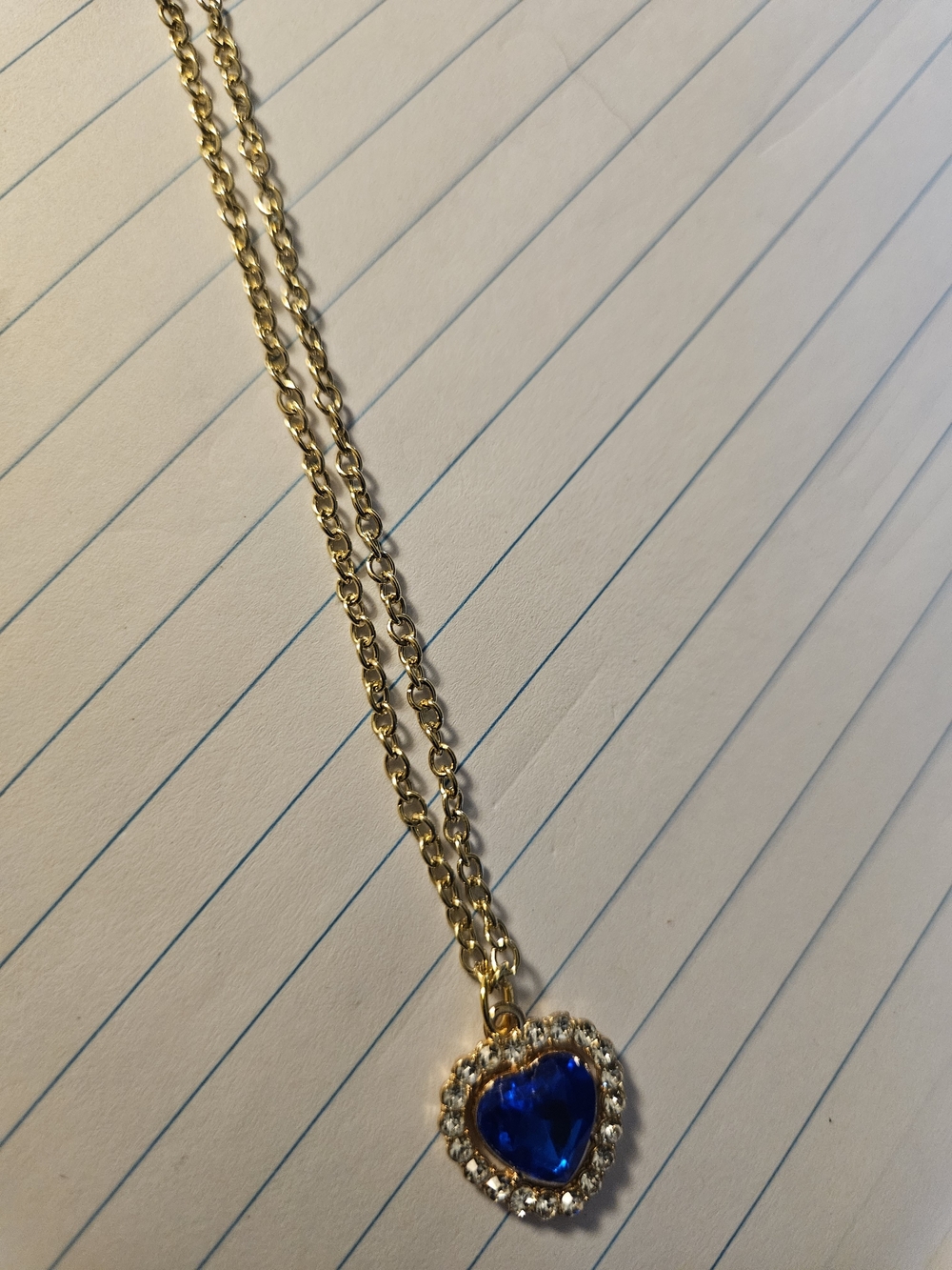 Gold Heart Pendant Necklace with Blue Crystal and Clear Accents